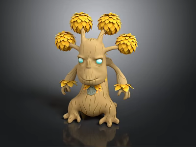 Decorative Cartoon Tree Figure With Yellow Flower Head Blue Eyes Trunk Body And Leaf Arms 3d model