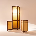 Tall Wooden Floor Lamp With Two Smaller Lamps Translucent Shade And Warm Light