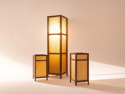 Tall Wooden Floor Lamp With Two Smaller Lamps Translucent Shade And Warm Light 3d model
