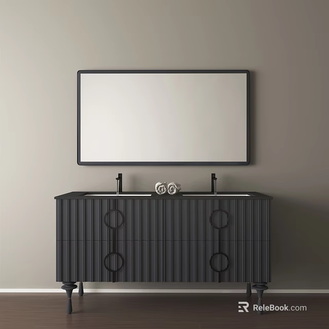 Modern Dark Sink Vanity Cabinet With Double Faucets And Black Frame Mirror 3d model 