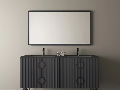 Modern Dark Sink Vanity Cabinet With Double Faucets And Black Frame Mirror 3d model