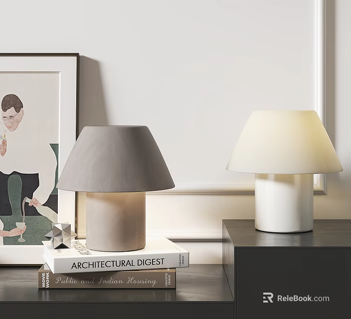 Two Modern Table Lamps With Gray And White Shades On Table With Books Home Interior 3d model 