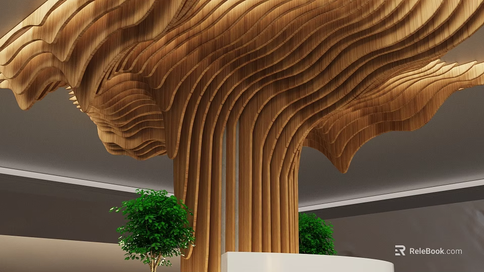Large Wooden Wavy Texture Artistic Installation In Interior With Green Plants 3d model 