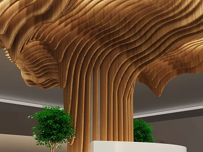 Large Wooden Wavy Texture Artistic Installation In Interior With Green Plants 3d model