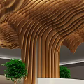 Large Wooden Wavy Texture Artistic Installation In Interior With Green Plants