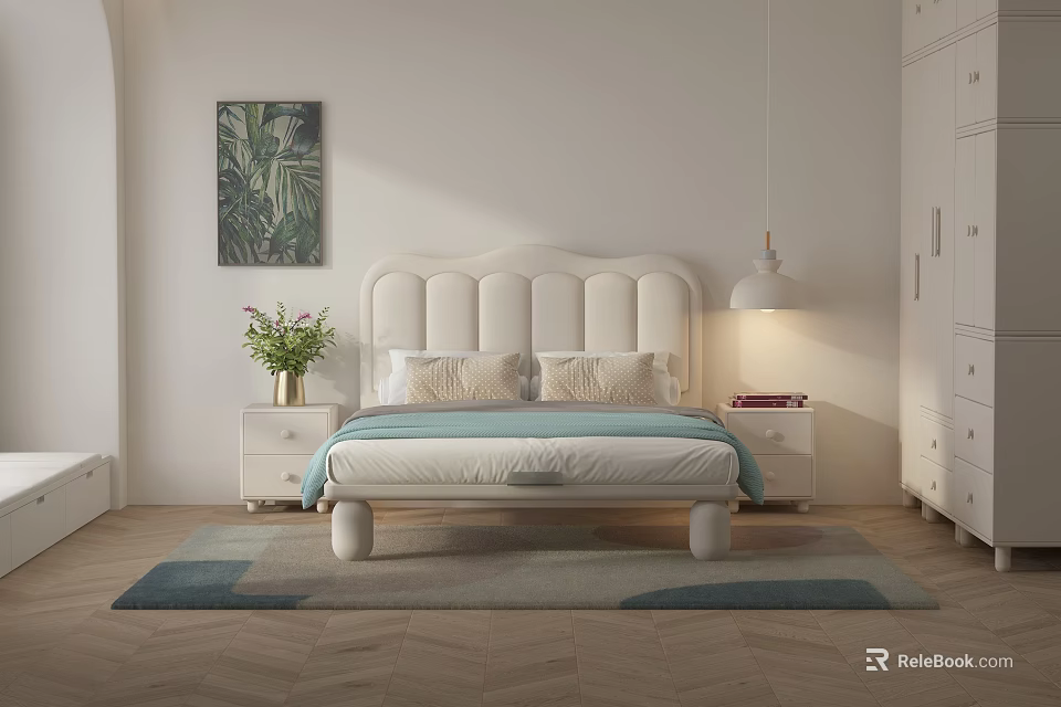 Kids Bed With White Headboard Light Blue Mattress Nightstands Tropical Artwork Hanging Lamp And Rug 3d model 