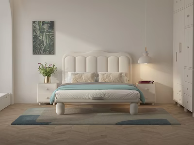 Kids Bed With White Headboard Light Blue Mattress Nightstands Tropical Artwork Hanging Lamp And Rug 3d model