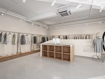 Modern Clothing Store Interior Featuring Clothing Racks Displayed Apparel And Checkout Counter 3d model