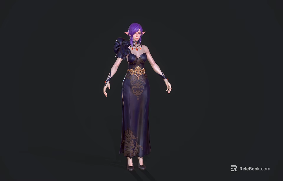 Fantasy 3D Woman Model With Purple Hair Dark Long Dress And Golden Patterns 3d model 