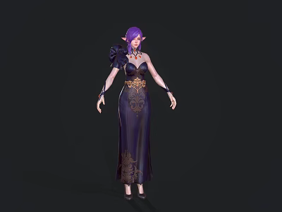 Fantasy 3D Woman Model With Purple Hair Dark Long Dress And Golden Patterns 3d model