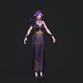 Fantasy 3D Woman Model With Purple Hair Dark Long Dress And Golden Patterns