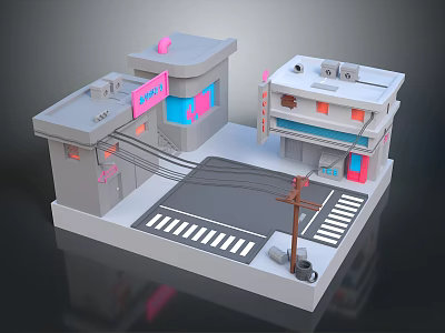 Miniature Urban Scenery With Colorful Buildings Pink Blue Accents Street Crosswalk And Power Pole 3d model