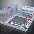 Miniature Urban Scenery With Colorful Buildings Pink Blue Accents Street Crosswalk And Power Pole