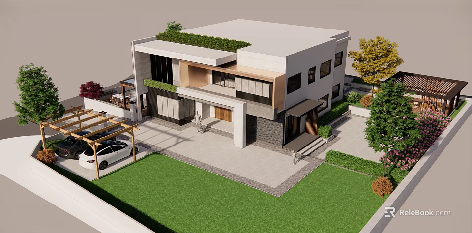 Modern Detached Villa with Green Lawn Parking Space and Rooftop Greenery 3d model 