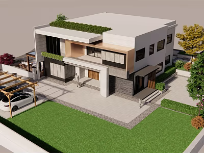Modern Detached Villa with Green Lawn Parking Space and Rooftop Greenery 3d model