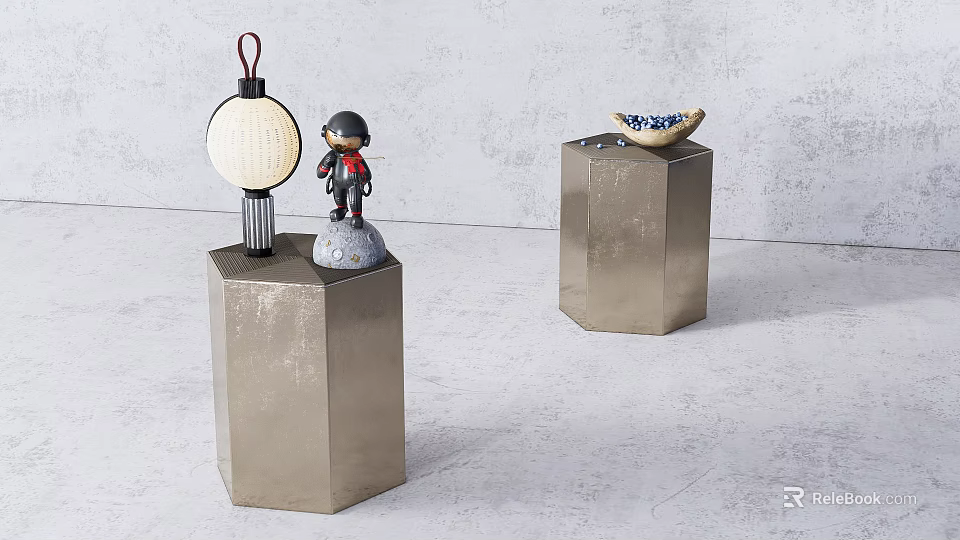 Modern Hexagonal Silver Metallic Side Tables With Lantern Lamp Figurine And Blue Patterned Bowl 3d model