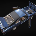 Blue Spirit Car With Open Doors And Hood Revealing Engine And Interior Details