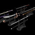Various Traditional Swords as Weapons on Display Stands with Different Handle Designs and Sharp Blades