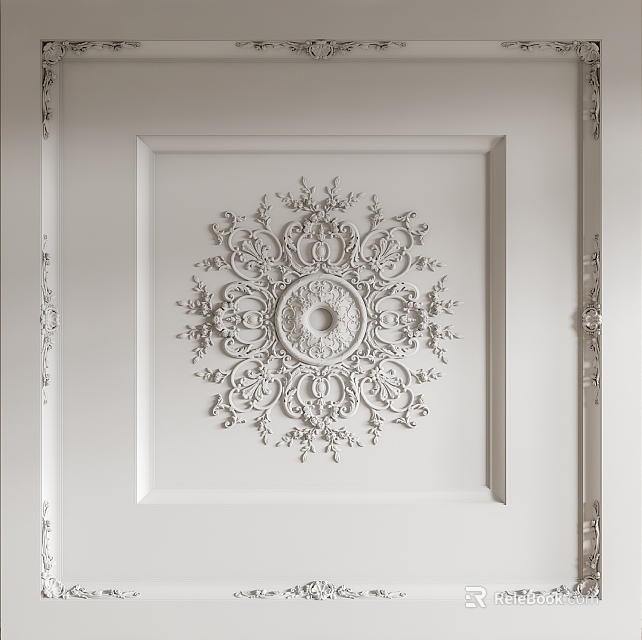Elegant White Ceiling Light Plate With Intricate Carved Design And Square Frame Decoration 3d model 