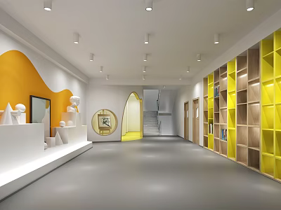 School Interior Space With Yellow White Walls Bookshelves Display Area And Staircase 3d model