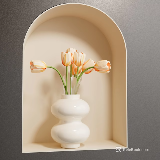 White Bulbous Vase With Orange And White Tulips In Arched Niche On Gray Beige Wall 3d model 