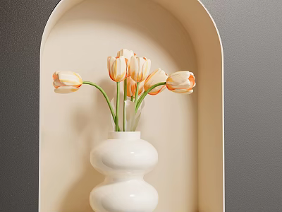 White Bulbous Vase With Orange And White Tulips In Arched Niche On Gray Beige Wall 3d model