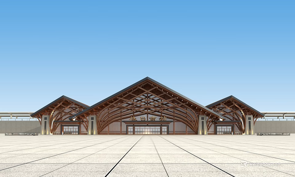 Modern Station Exterior Featuring Triangular Wooden Structure Roof Multiple Roofs Spacious Square And Blue Sky 3d model 
