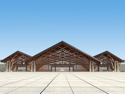 Modern Station Exterior Featuring Triangular Wooden Structure Roof Multiple Roofs Spacious Square And Blue Sky 3d model