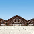 Modern Station Exterior Featuring Triangular Wooden Structure Roof Multiple Roofs Spacious Square And Blue Sky