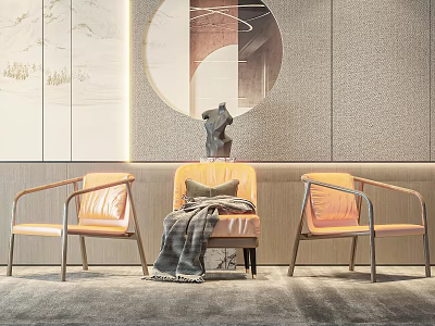 Modern Orange Leather Leisure Chairs With Metal Arms Gray Throw Blanket And Round Mirror 3d model