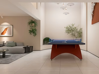 Modern Recreation Room Interior With Blue Table Tennis Table Sofa And Green Plants 3d model