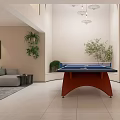 Modern Recreation Room Interior With Blue Table Tennis Table Sofa And Green Plants