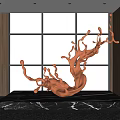 Abstract Copper Sculpture with Flowing Branch Design on Marble Pedestal in Modern Interior by Window