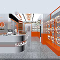 Dessert Shop Interior Design With Orange Walls White Display Counter And Fresh Dessert Displays