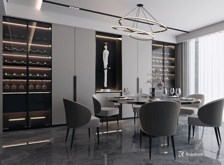 Modern Dining Room Interior With Round Table Grey Chairs Wine Cabinets Chandelier And Statue 3d model 