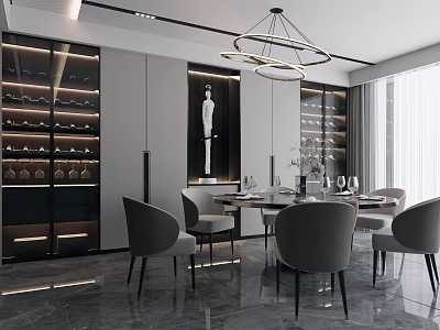 Modern Dining Room Interior With Round Table Grey Chairs Wine Cabinets Chandelier And Statue 3d model