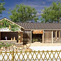Rural Countryside Scenery with Traditional Cottage Gourd Vines Woodpile Flowers and Person at Entrance
