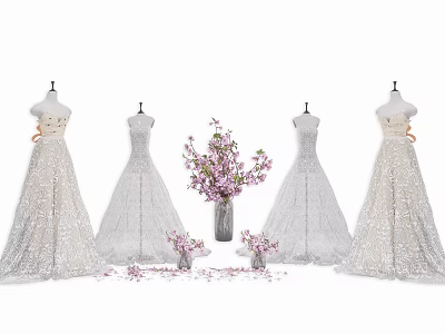 Mannequins Displaying White Lace Dresses With Vase Of Pink Flowers And Scattered Petals 3d model