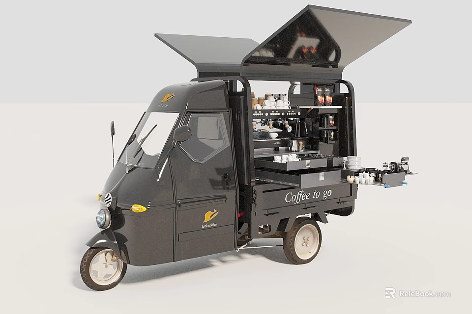 Black Mobile Coffee Function Tricycle with Open Compartment Coffee Machine and To Go Sign 3d model
