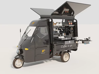 Black Mobile Coffee Function Tricycle with Open Compartment Coffee Machine and To Go Sign 3d model
