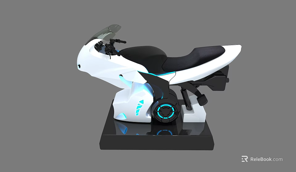 Futuristic White Motorcycle Simulator With Blue Lights And Black Seat Base 3d model 