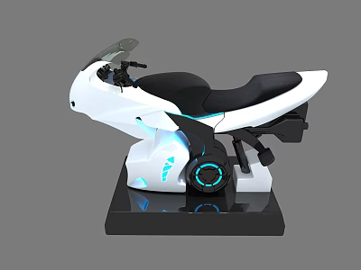 Futuristic White Motorcycle Simulator With Blue Lights And Black Seat Base 3d model
