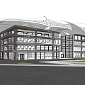 Modern Commercial Complex Featuring Unique Roof Structure Green Spaces And Water Elements