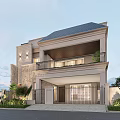 Detached Villa Exterior With Balcony Railing Green Plants And Trees