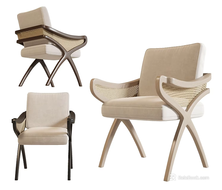 Modern Dining Chairs With Wicker Accents Beige Cushions And Crossed Legs Design 3d model 
