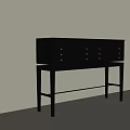 Black Console Cabinet With Multiple Drawers On Black Stand Against White Wall And Light Floor
