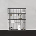 Modern Black Bookshelf with Books Decorative Bowls Vases Against Gray Wall Dark Wooden Floor