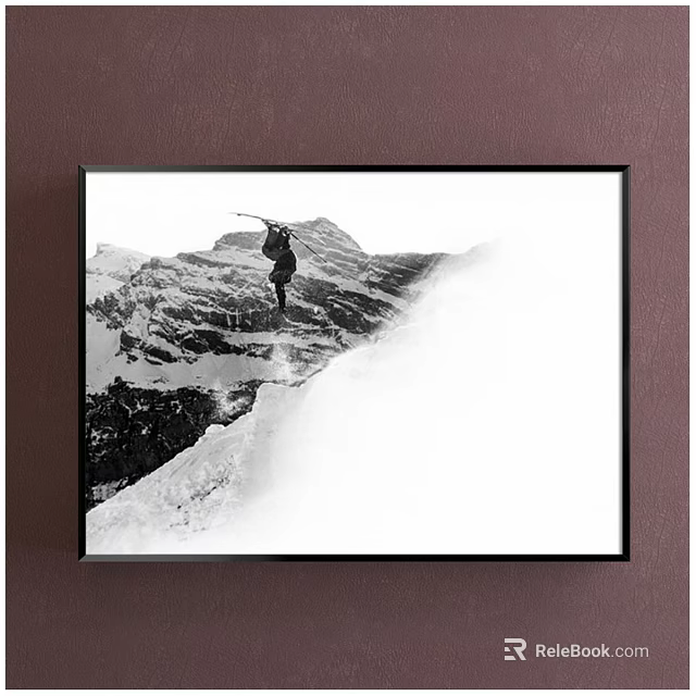 Black and White Landscape Painting Featuring Person Jumping Over Snowy Mountain Slope 3d model 