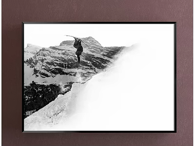 Black and White Landscape Painting Featuring Person Jumping Over Snowy Mountain Slope 3d model