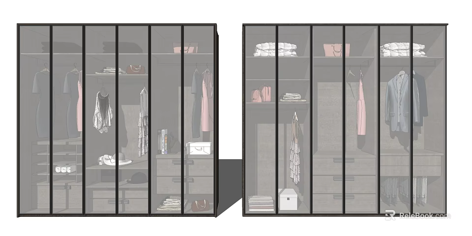 Modern Glass Door Wardrobe With Hanging Clothes Folded Garments And Storage Shelves 3d model 